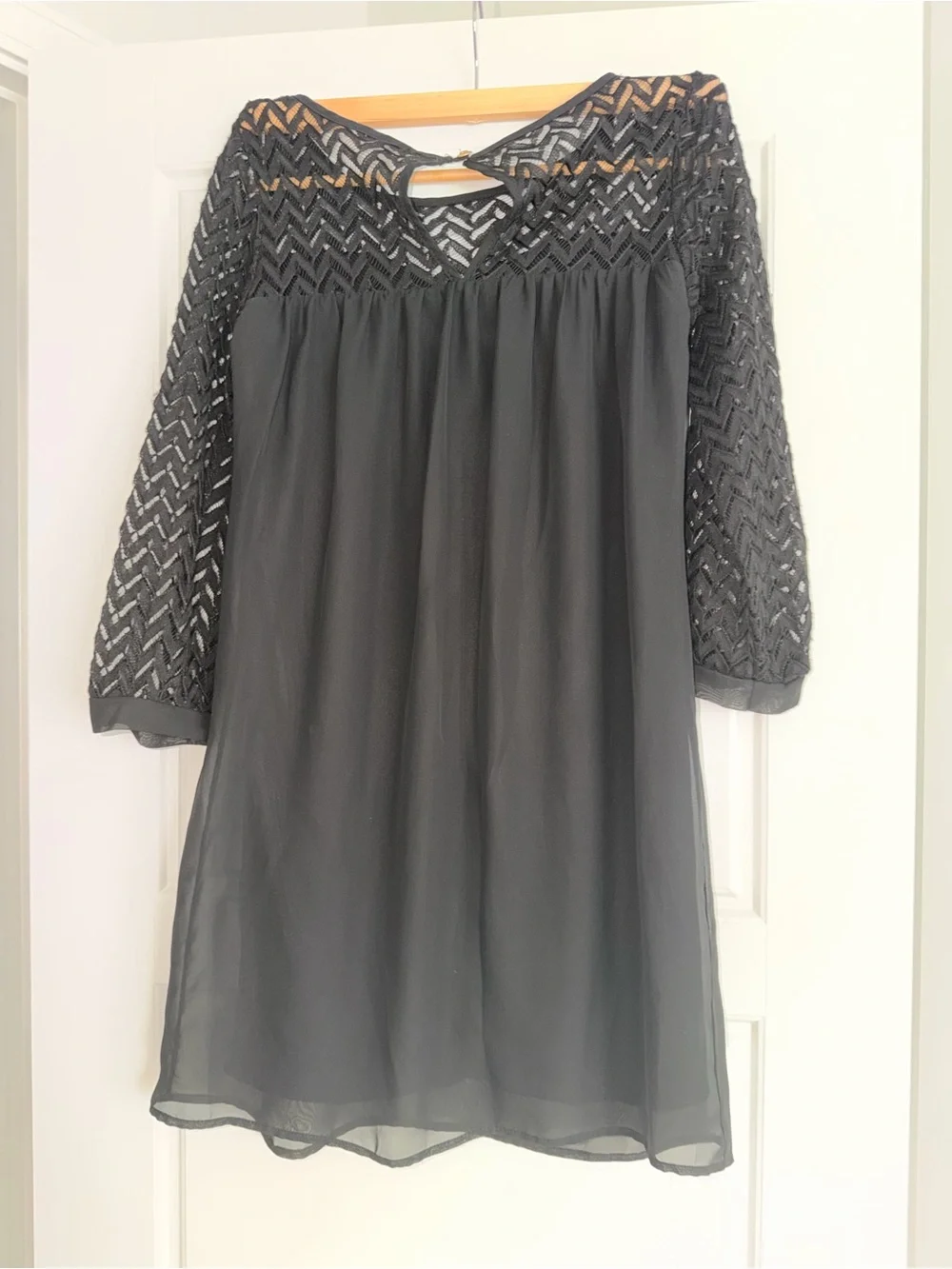 Rachel Kate Black Lace-Yoke Long Sleeve A-Line Dress